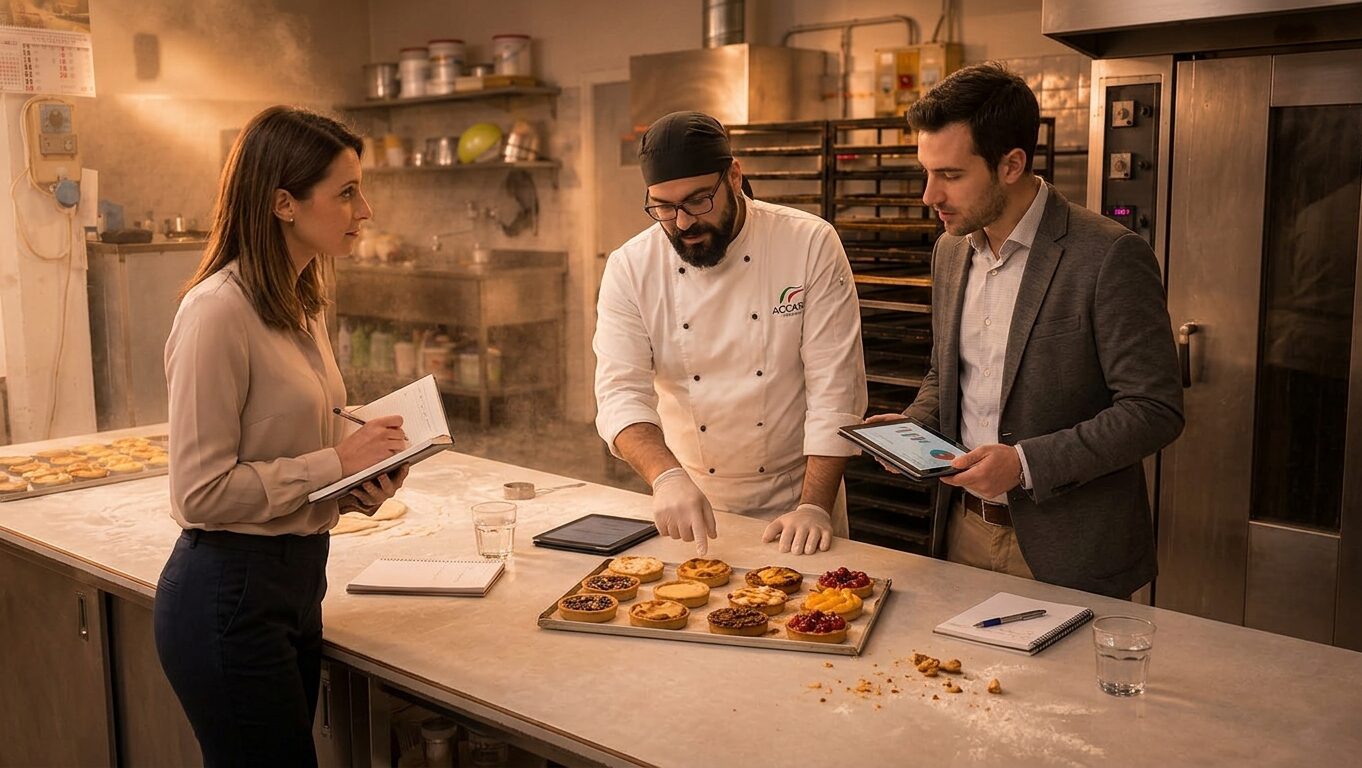Il Maestro Pasticcere presenta le monoporzioni a due distributori nel laboratorio